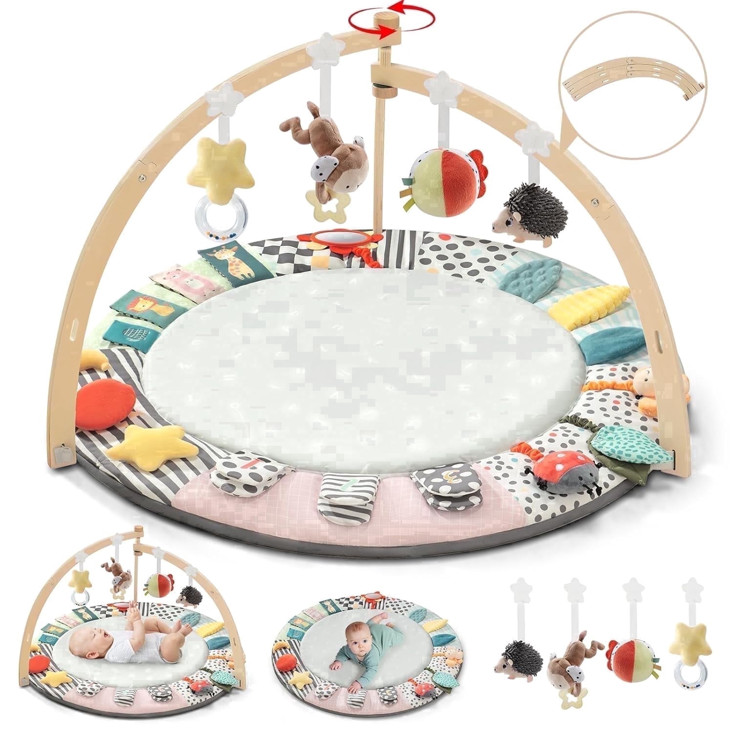PRVAETU Wooden Baby Gym Play Mat, Foldable Tummy Time Playmat W/ 7 Detachable Toys for Infant Newborn Toddler Motor Skills Sensory Development,Green