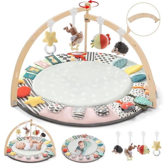 Wooden Baby Play Gym & Activity Mat,Foldable Tummy Time Playmat W/ 7 Detachable Sensory Toys for Newborn Motor Skills & Sensory Development,Grey