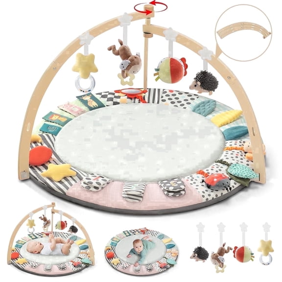 PRVAETU Wooden Baby Gym Play Mat, Foldable Tummy Time Playmat W/ 7 Detachable Toys for Infant Newborn Toddler Motor Skills Sensory Development,Grey