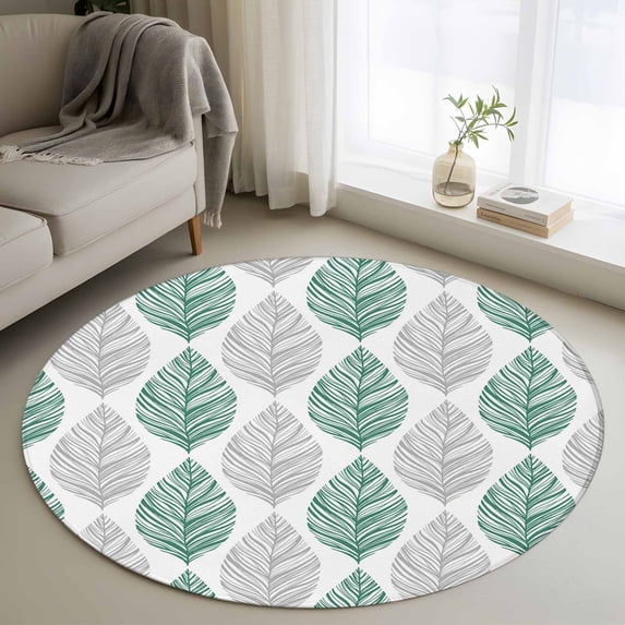Grey and Round Rugs for Living Room 4ft Green Olive Leaf Texture Watercolor Non Slip Circle Rug Washable Low-Profile Indoor Carpet for Bedroom, Dining Room, Bathroom