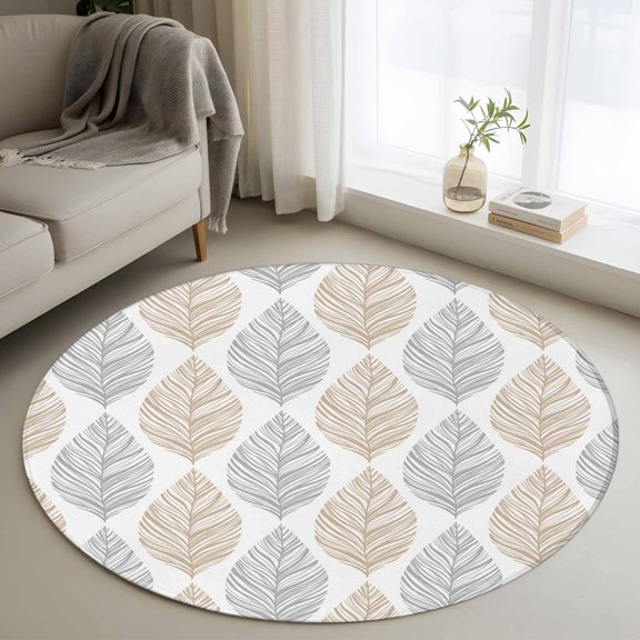Grey and Round Rugs for Living Room 4ft Khaki Olive Leaf Texture Watercolor Non Slip Circle Rug Washable Low-Profile Indoor Carpet for Bedroom, Dining Room, Bathroom