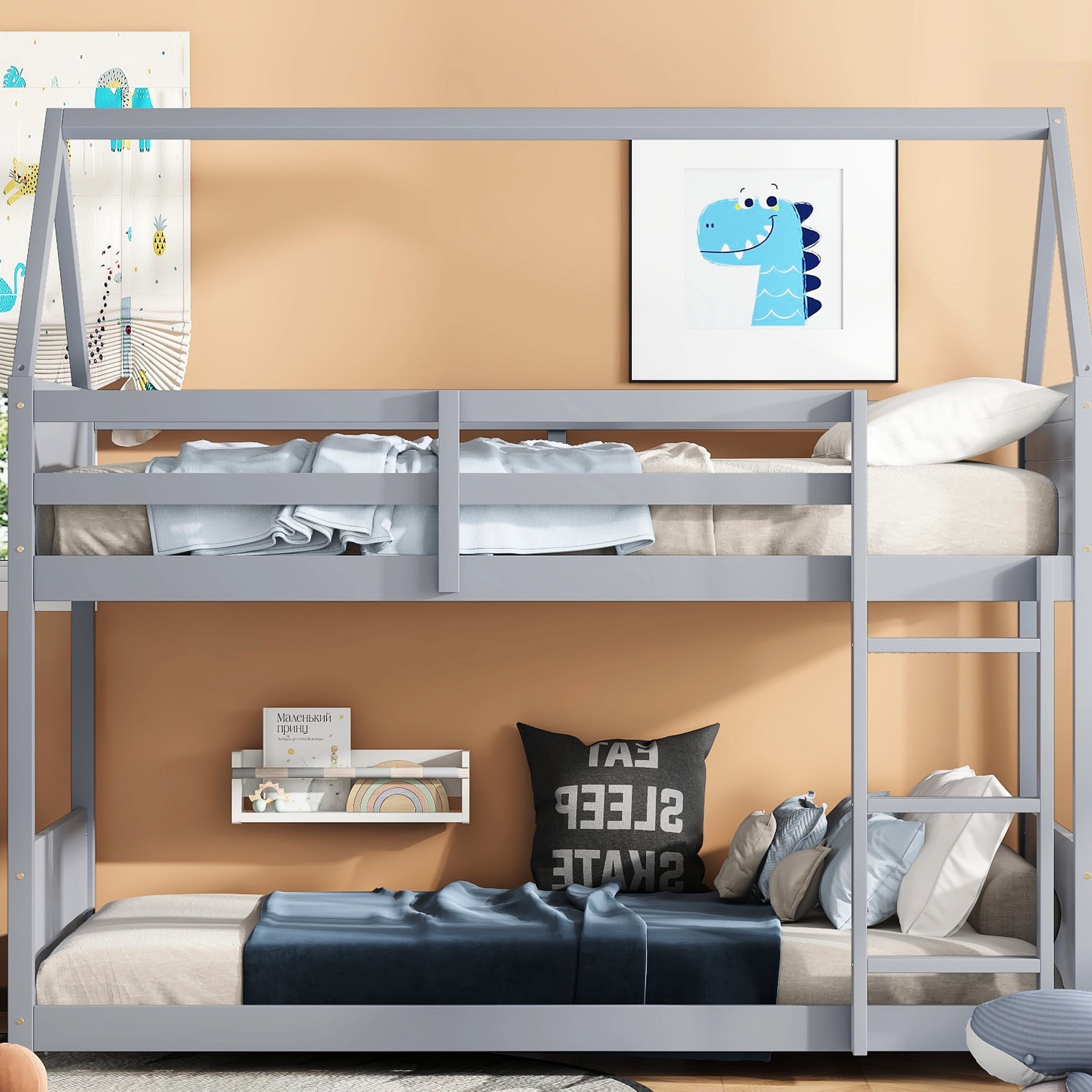 Grey Rubber Wood Bunk Bed - Twin Over With Headboards, Footboards, And ...