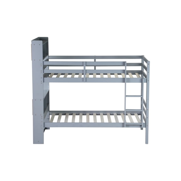 Grey Rubber Wood Twin Over Twin Bunk Bed with Shelves Headboard, Safety Guardrails & Ladder, Convertible to 2 Twin Beds, Ideal for Bedroom Storage & Space-Saving, 84.3" L