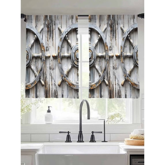 Grey Rudder Coastal Sheer Curtains for Living Room Bedroom Beach Retro Nautical Summer Sheer Curtains 45 Inch Long 2 Panels Set Light Filtering Curtain Window Treatments Drapes for Dining Room