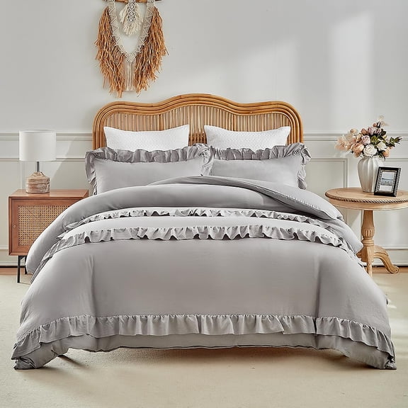 Grey Ruffle Duvet Cover Set Full Size, 3 Piece Boho Shabby Chic Bedding with 3 Layers Ruffles, Ultra Soft Washed Microfiber Comforter Cover with 2 Pillowcases, All Season Use
