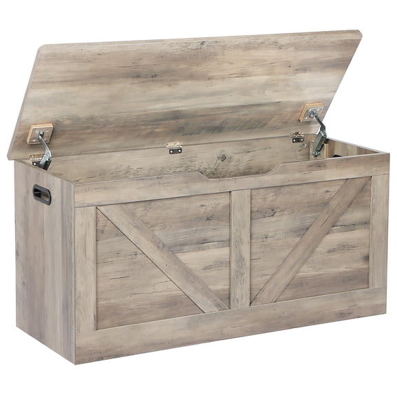 Grey Rustic Flip Top Storage Chest With X-Panel Design And Safety Hinges