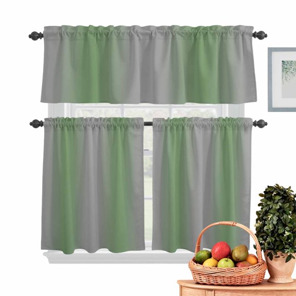 Grey Sage Kitchen Curtains Valances 3 Piece Set, Green Gradient Modern Ombre Art Rod Pocket Tier Curtain and Valance Drapes for Small Window 36 Inch Length for Bedroom Cafe
