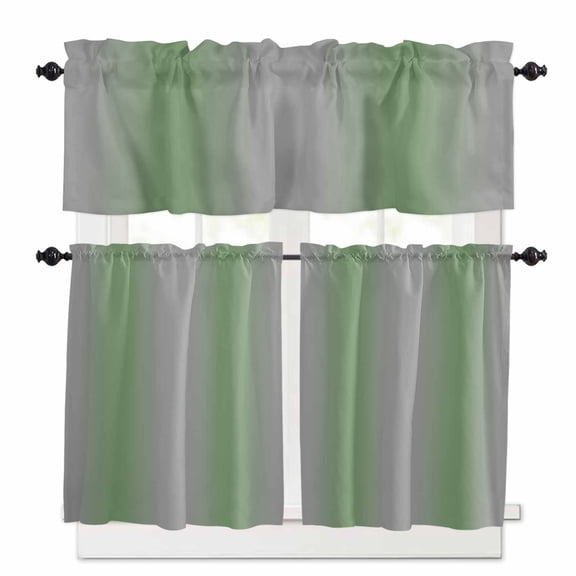 Grey Sage Kitchen Curtains and Valances Set, Green Gradient Modern Ombre Art Rod Pocket Window Valance 18 Inch Window Curtain Panels for Living Room Bedroom Laundry, 27.5x24in, 3 Pieces