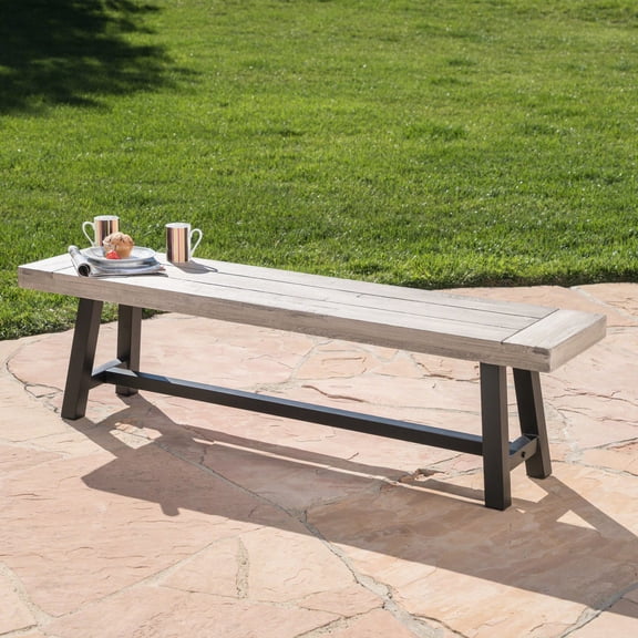 Grey Sandblast Finish Acacia / Slat Panel Design Outdoor Dining Bench