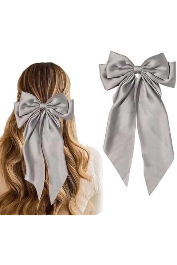 Grey Satin Hair Bow Clip for Women  Large Bow Barrette with Metal Clip, Neutral Color Elegant Design for Casual and Formal Occasions, Daily Wear, Parties, Weddings  7.9 Inch
