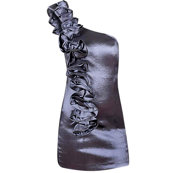 Grey Satin Short One Shoulder Ruffled Formal Dress Size Large