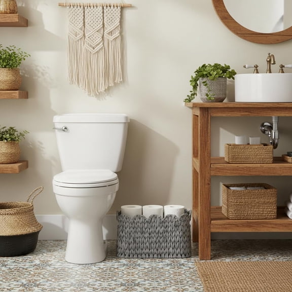 Grey Scalloped Plastic Wicker Toilet Paper Storage Basket