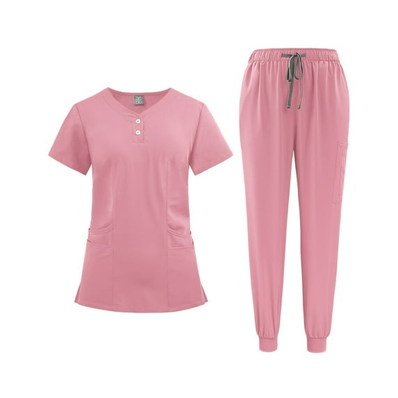 Grey Scrubs Sets For Women Clearance Sales Solid Color V-Neck Short Sleeve Nurse Top Long Nurse Uniform Pants with Pocket Light pink S