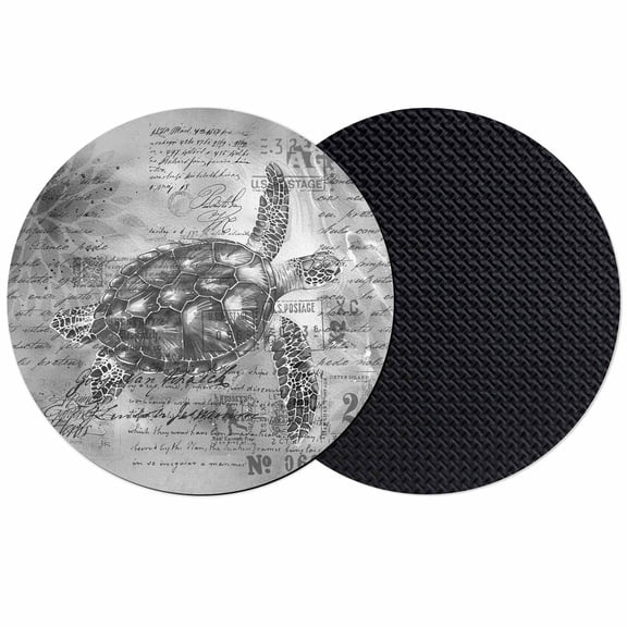 Grey Sea Turtle Coasters Set of 2, Coastal Nautical Summer Beach Vintage Absorbent Coasters for Drinks, Coaster for Bar Office Dining Coffee Table Accessories Decor, Non Slip Round Desk Coaster