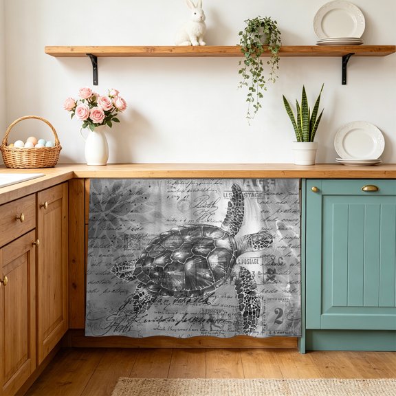 Grey Sea Turtle Sink Skirt 11"Wx13"L,Dustproof Under Sink Curtain with Self Adhesive Tape,Coastal Nautical Summer Beach Vintage Cabinet Curtain Cover for Bathroom Vanity,Kitchen Cabinet Storage Shelf