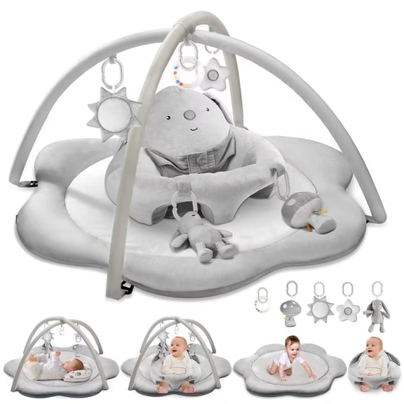 Baby Gym Play Mat, Sitting-up Babies Seats for Infants,with 5 Detachable Toys, Infant Toddler Activity Tummy Time Playmats for Newborn 0-12 Months, Grey