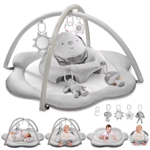 Baby Gym Play Mat, Sitting-up Babies Seats for Infants,with 5 Detachable Toys, Infant Toddler Activity Tummy Time Playmats for Newborn 0-12 Months, Grey