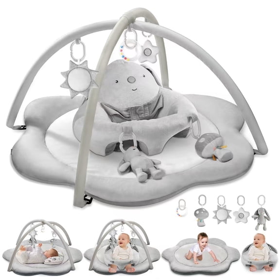 Baby Gym Play Mat, Sitting-up Babies Seats for Infants,with 5 Detachable Toys, Infant Toddler Activity Tummy Time Playmats for Newborn 0-12 Months, Grey