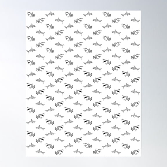 Grey Sharks Pattern, White Edition Poster Wall Art, Modern Wall Decor For Living Room Bedroom, 16x24 UNFRAMED