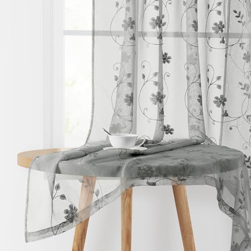 Grey Sheer Curtains 84 Inches Long 2 Panels Embroidered Floral Pattern Semi Sheer Window Curtains for Bedroom Living Room