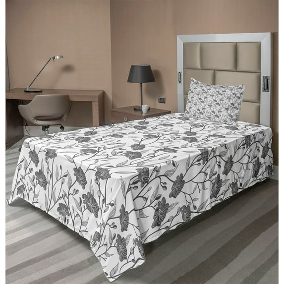 Grey Sheet Set, Modern Graphic of Flowers and Branches with Simple Pure Patterns Boho Print, Fitted and Flat Sheet with Pillowcase Bedding Accent 3 Piece Set, Twin XL, Grey White, by Ambesonne