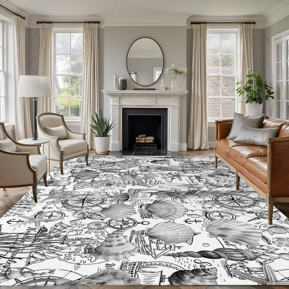 Grey Shell Starfish Coastal Area Rugs 8'x10', Washable Small Throw Rugs for Living Room Patio, Nautical Ocean Summer Beach Indoor Outdoor Rug Non-Slip Low Pile Carpet Runner Reversible Floor Mats