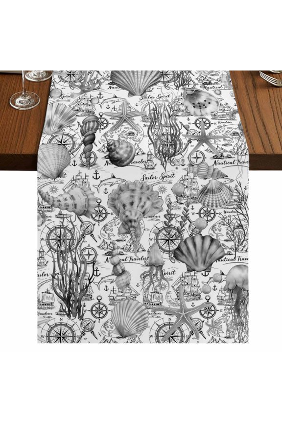 Grey Shell Starfish Coastal Burlap Cotton Table Runner 13x36 Inches Short, Nautical Ocean Summer Beach Farmhouse Table Runners, Outdoor Dining Tablecloths Decor for Baby Shower/Party/Wedding