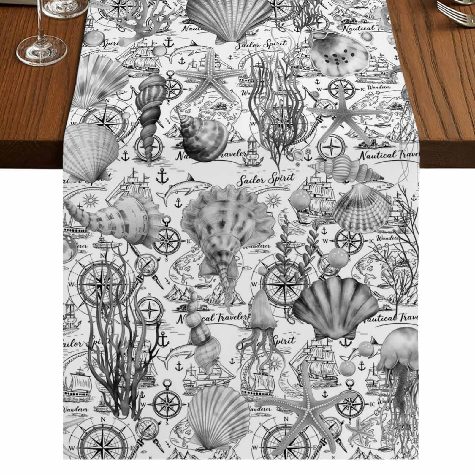 Shell Table Clothes Grey Shell Starfish Coastal Burlap Cotton Table Runner 13x90 Inches ...