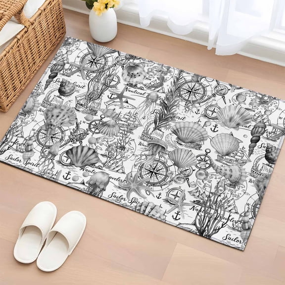 Grey Shell Starfish Coastal Entryway Rug 2'x3'&nbsp; Non Slip Front Door Mats, Nautical Ocean Summer Beach Entrance Rugs Indoor Outdoor Carpet, Washable Floor Mats Small Area Rug for Bedroom Kitchen