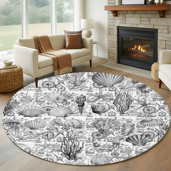 Grey Shell Starfish Coastal Round Area Rug 6Ft Washable Circle Rugs for Bathroom Office, Nautical Ocean Summer Beach Non-Slip Carpet Floor Mats Indoor Outdoor Carpet Runner Aesthetic Home Decor
