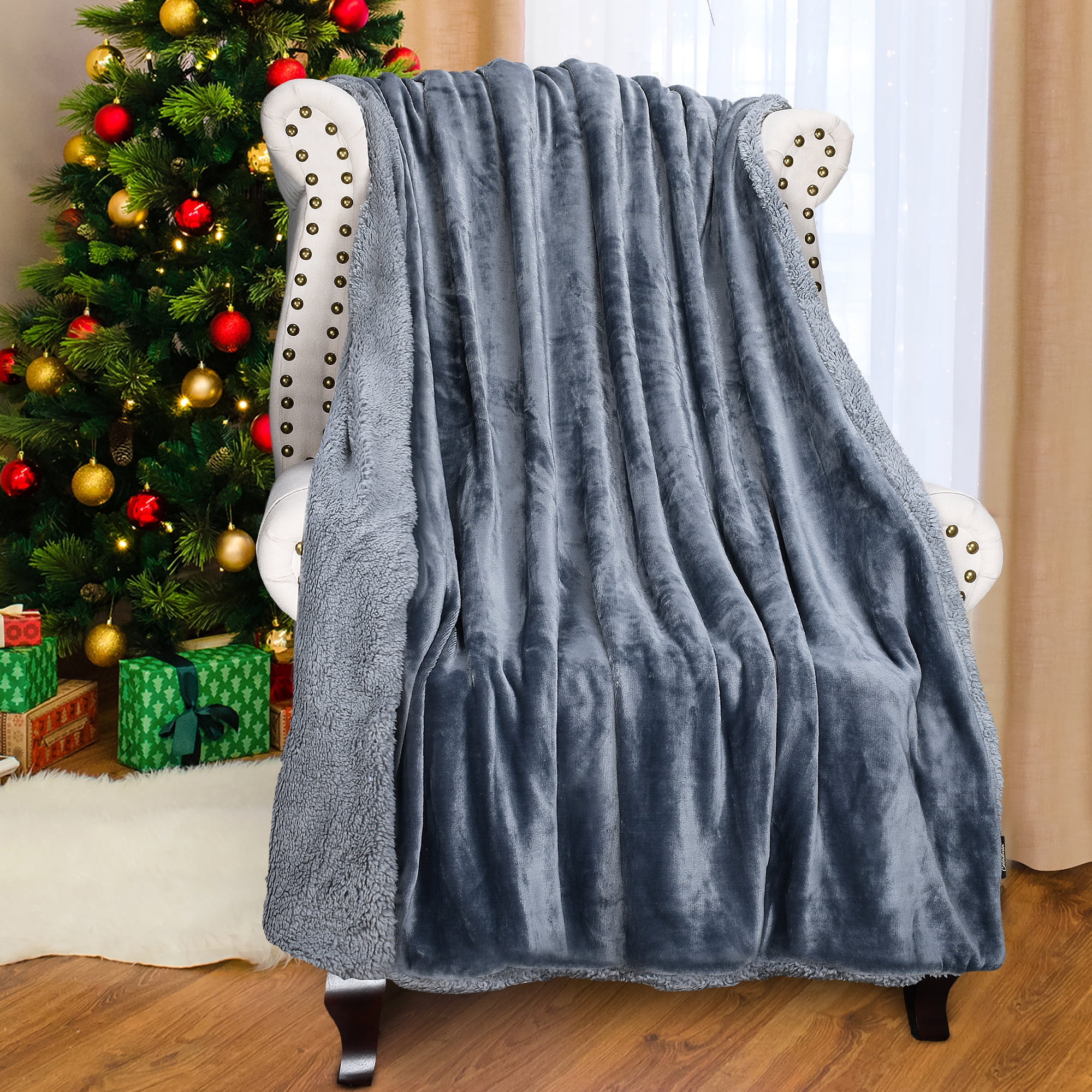 Dark Gray Reversible Sherpa Fleece Throw Blanket
