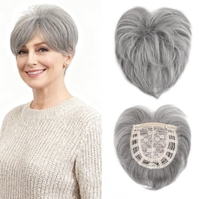 Grey Short Hair Toppers for Thinning Hair 5.5 Inch Short Pixie Cut Topper Pieces Natural Curly Texture Synthetic Mix Grey Wiglets Hairpieces (5.5 inch)