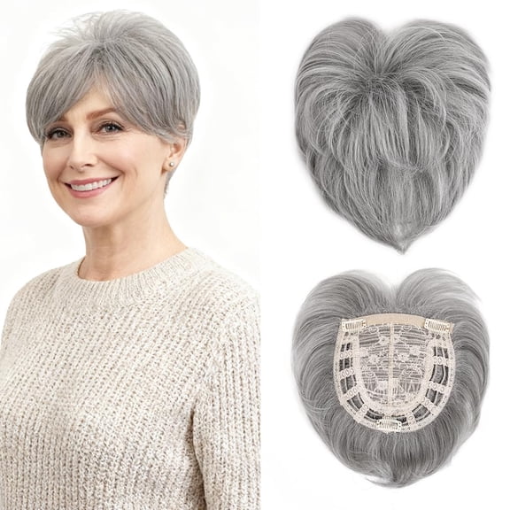 Grey Short Hair Toppers for Thinning Hair 5.5 Inch Short Pixie Cut Topper Pieces Natural Curly Texture Synthetic Mix Grey Wiglets Hairpieces (5.5 inch)
