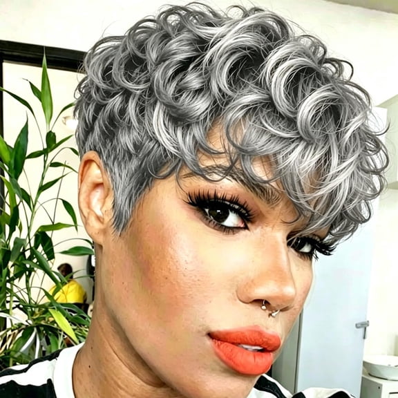Grey Short Wigs for Black Women Pixie Cut Wig Curly Wigs | Pepper Pixie Wig for old Women Natural Looking Daily Wear Party Cosplay Everyday Use Wear Hair Wig