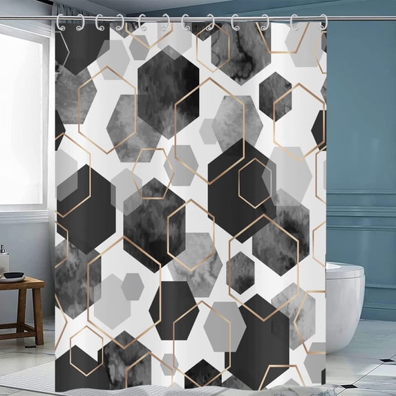 Grey Shower Curtain, Dark Grey Abstract Geometric Modern Grid Pattern Minimalist Bath Curtains Waterproof Fabric with Hooks for Home Decor, 72Wx72H