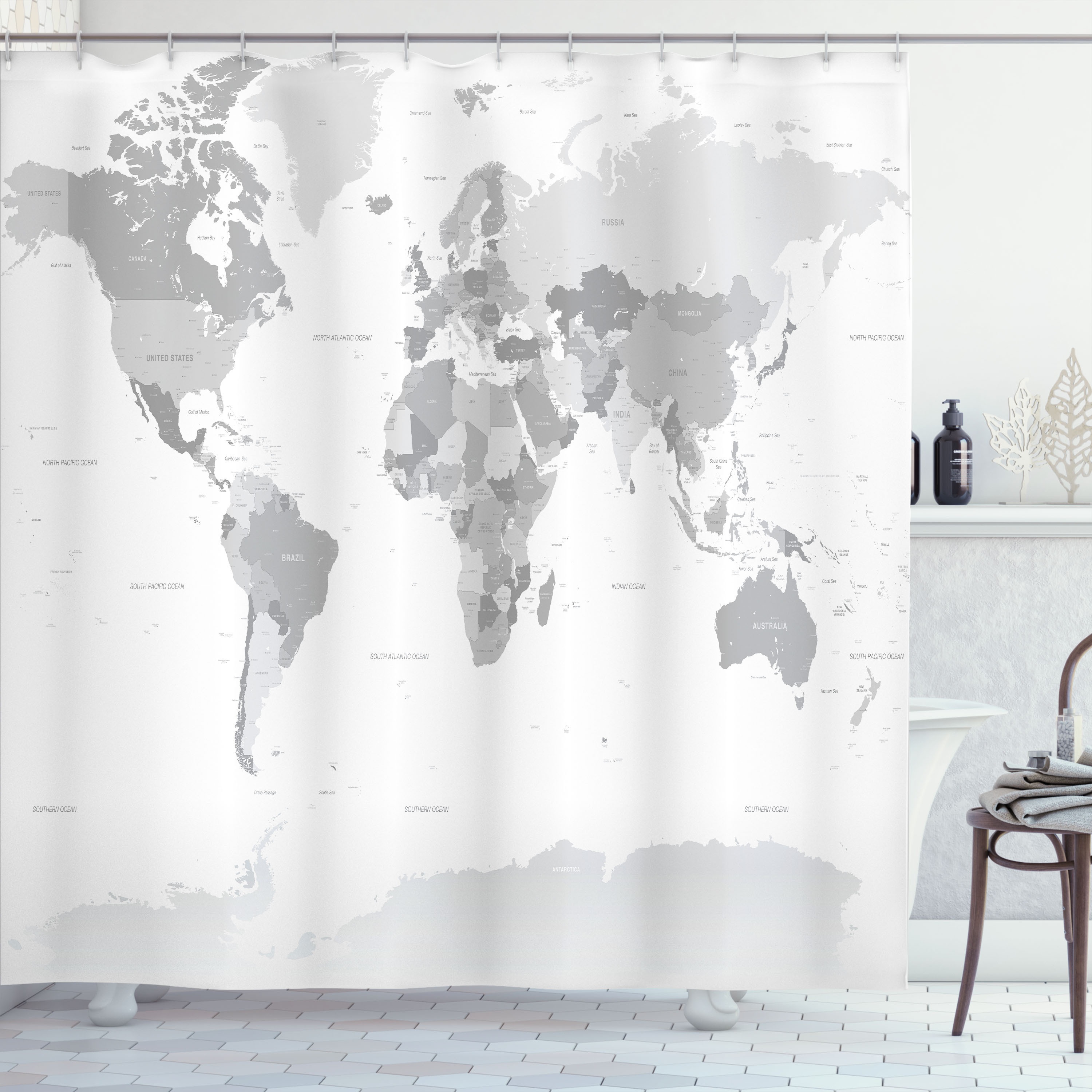 Grey Shower Curtain, Detailed World Map with All Countries Major ...