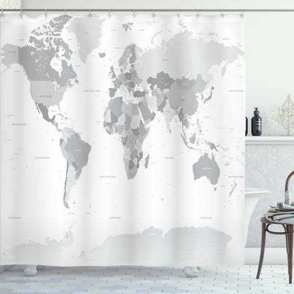 Grey Shower Curtain, Detailed World Map with All Countries Major Capital Cities Universe Earth Continents, Fabric Bathroom Set with Hooks, 69W X 70L Inches, Grey White, by Ambesonne