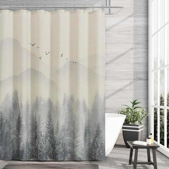 Grey Shower Curtain Linen Fabric Shower Curtain Misty Forest Nature Mountain Tree Shower Curtain Set with Hooks Farmhouse Country Shower Curtains for Bathroom Decor, 72x72 inch