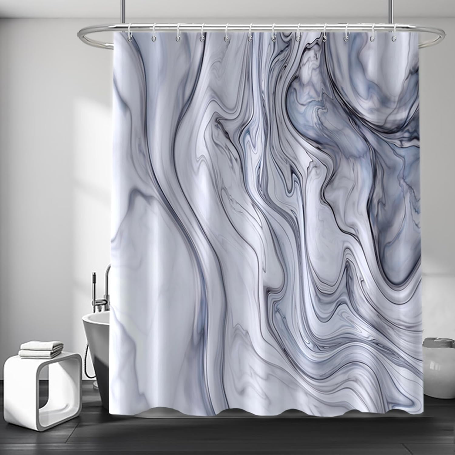 Grey Shower Curtain, Luxury Liquid Grey and Black Marble Shower Curtain