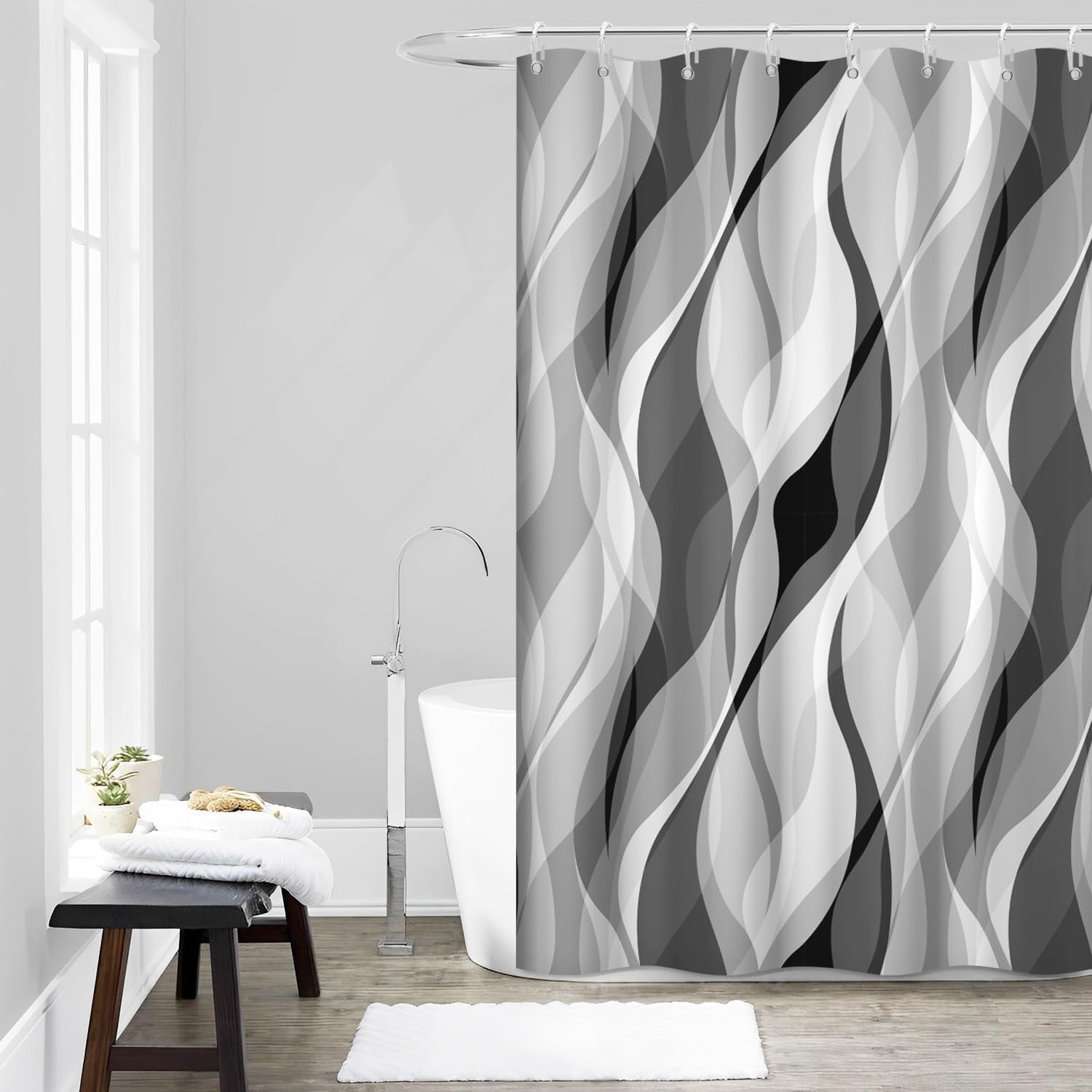 Black & White Striped Shower Curtain Set - Modern Bathroom Decor With Rugs & Lid Cover