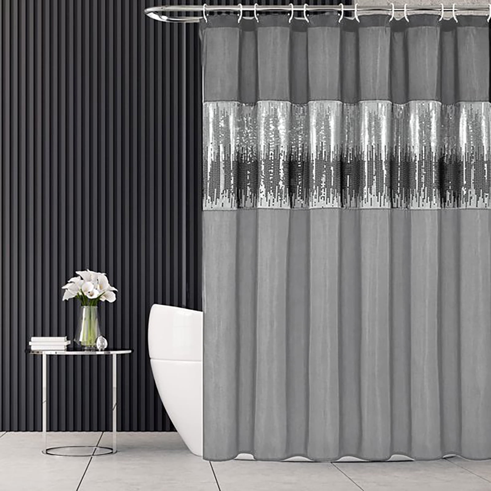 Grey Shower Curtain Modern Glitter Faux Silk Bathroom Curtains