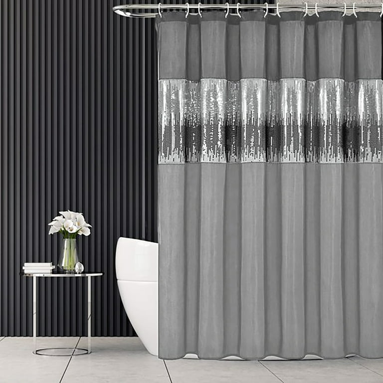 Grey Shower Curtain Modern Glitter Faux Silk Bathroom Curtains with 12  Hooks 72 x 72