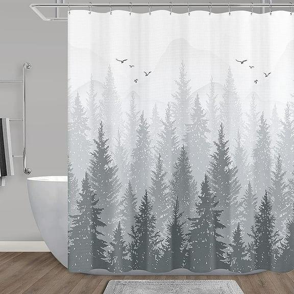 Grey Shower Curtain Mountain Misty Forest Nature Tree Waffle Fabric Shower Curtains for Bathroom Plant Ombre Decor Shower Curtain Set for Bathtubs Hotel, Water Repellent, 72 x 84 inch Grey