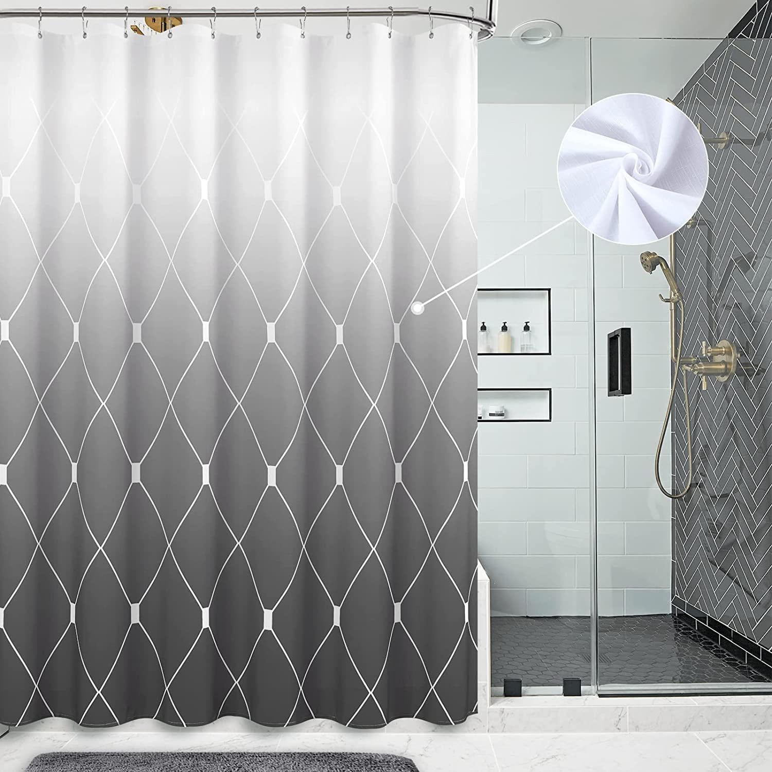 Grey Ombre Shower Curtain Set with Hooks, Water Repellent, Suitable for