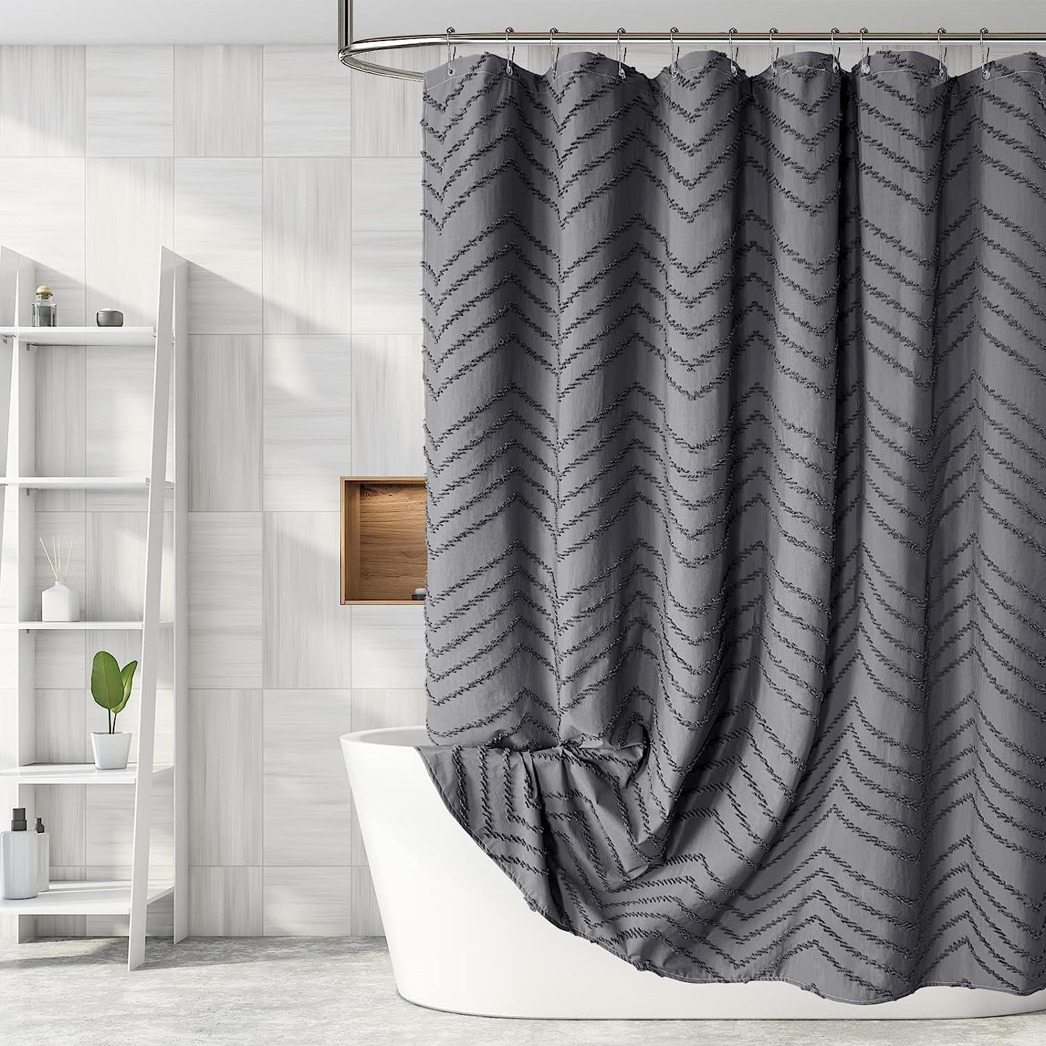 Gray Tufted Chevron Striped Waterproof Fabric Shower Curtain