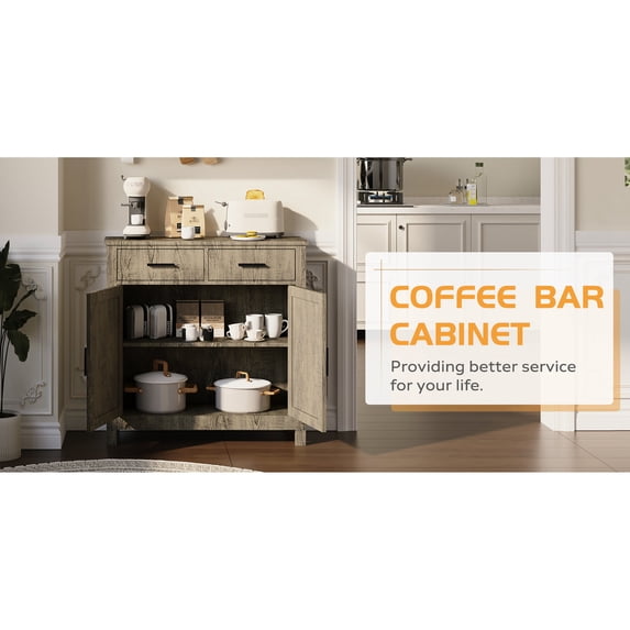 Kitchen Buffet with Wide Tabletop / For Coffee Maker Toaster / Warm Wood Grain Decor