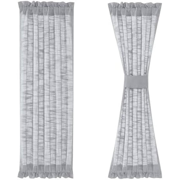 Grey Sidelight Panels 40 Inches Long Short Linen Texture Semi Sheer French Door Curtains for Entry Front Foyer Privacy Not See Through Natural Gray 24 Inches Long 2 Panels