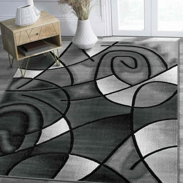 Grey/Silver/Black/Abstract Area Rug Modern Contemporary Circles and Wavey Swirlls Design Pattern