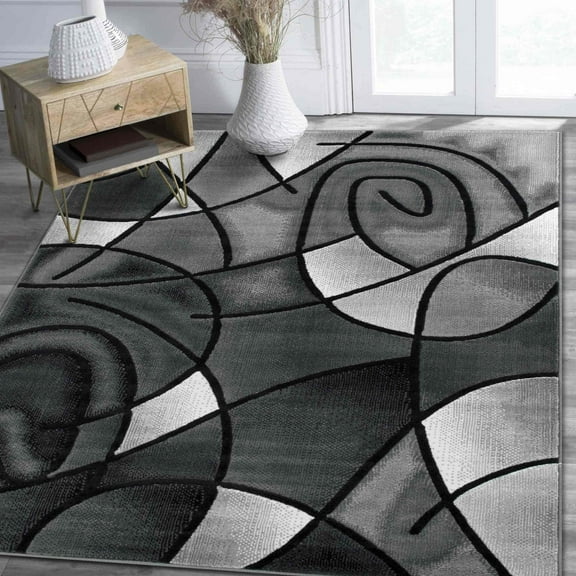 Grey/Silver/Black/Abstract Area Rug Modern Contemporary Circles and Wavey Swirlls Design Pattern