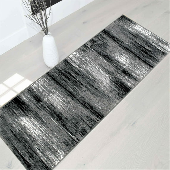 Grey/Silver/Black/Abstract Contemporary Modern Design Mixed Brush Pattern Colors Area Rug